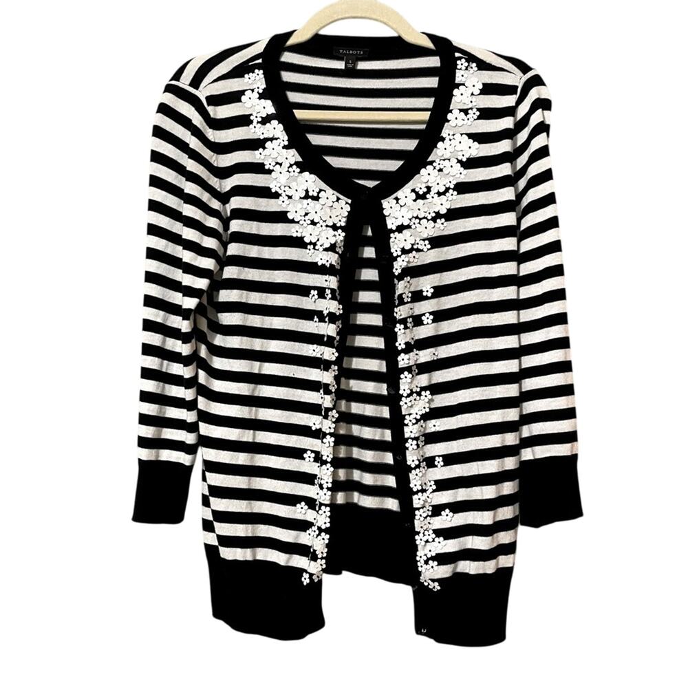 Talbots Black & White Striped Floral Accent Cardigan Sweater Womens S Whimsygoth